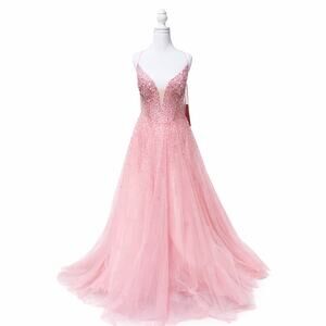 ovani 08408 Pink Beaded Prom Dress Size 20 NWT A-Line Illusion V-Neck
